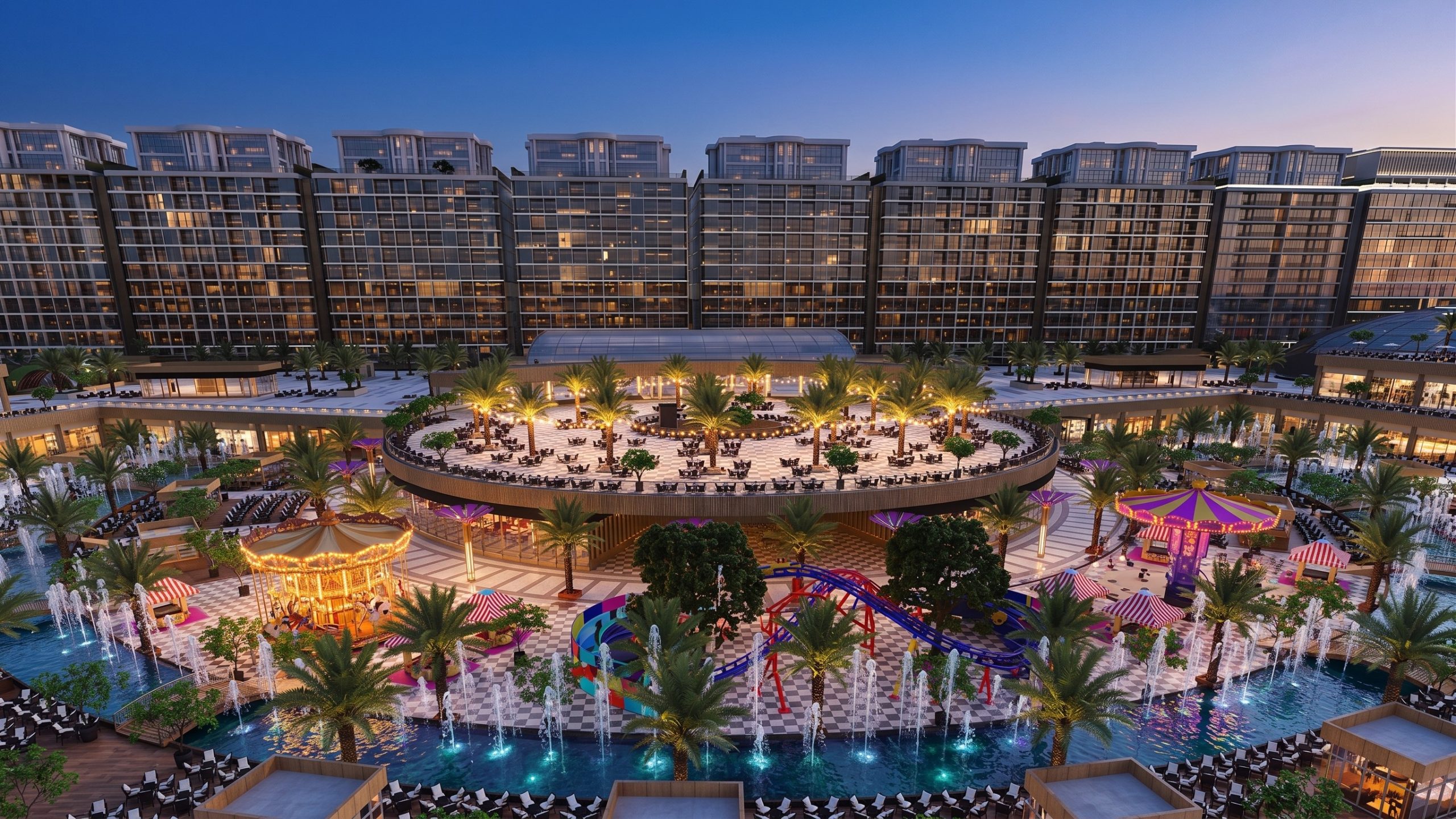 Green master-planned community at sunset
