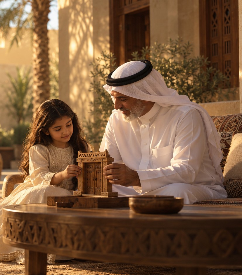 أب وابنته يتشاركان لحظة في فناء تراثي